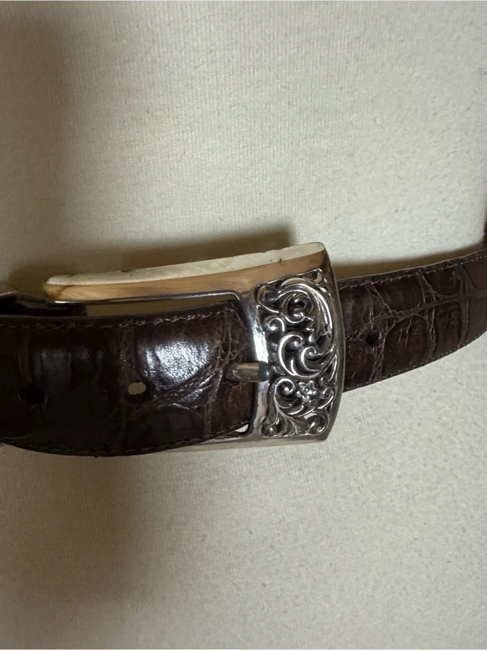 Brighton Brown croc embossed Leather Belt with silver tone scrolls Size Small
